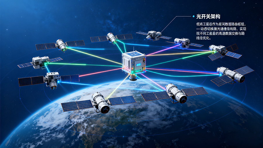 低軌衛(wèi)星星座光開關(guān)部署架構(gòu)，展示光開關(guān)在星間組網(wǎng)中的關(guān)鍵作用