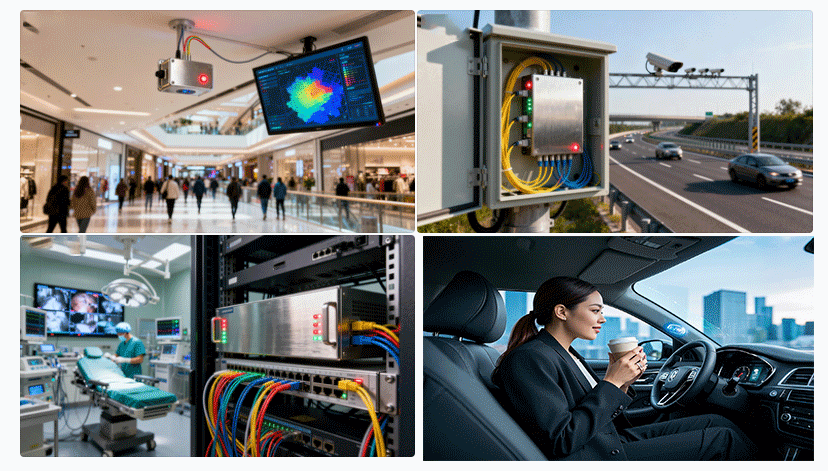 光開關(guān)在室內(nèi)定位、智能交通、醫(yī)療通信等典型場景示意圖 - 廣西科毅