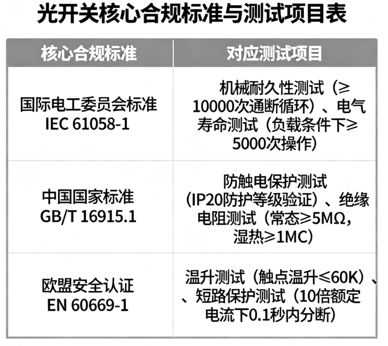 光開關(guān)行業(yè)標準合規(guī)測試項目認證要求